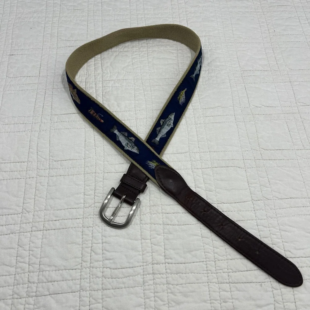 Belted Cow Co Mens Fish & Flies Fishing Embroidered Canvas Leather Belt 36